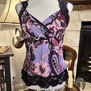 Vintage Womens Y2K Lace Trim Cami Size L Stretch Grunge Purple Paisley 90s